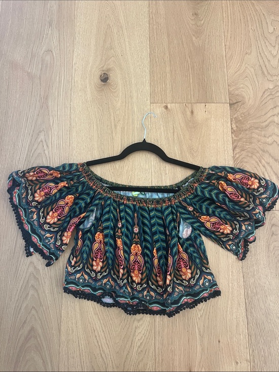 FARM Rio Tops - FARM Rio Green Multi Off-Shoulder Floral Flutter Sleeve Crop Top